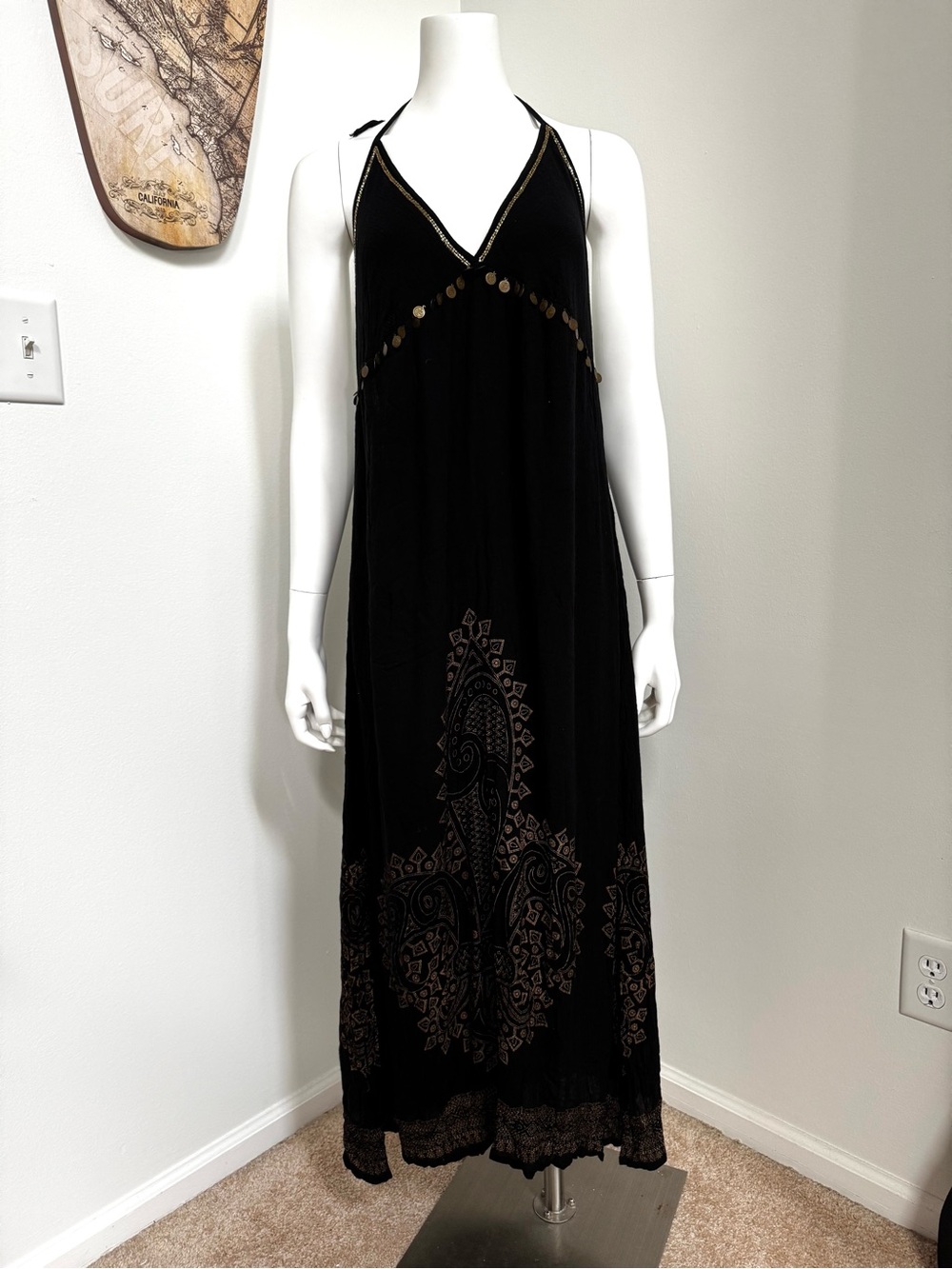 EARTHBOUND Black Maxi Halter Dress with Gold Trim